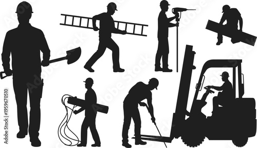 Construction workers silhouette set, industrial builders with tools, forklift driver, ladder, and shovel vector illustration