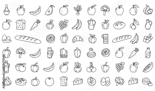 Food cuisine seamless pattern line art fruits vegetables vector illustration
