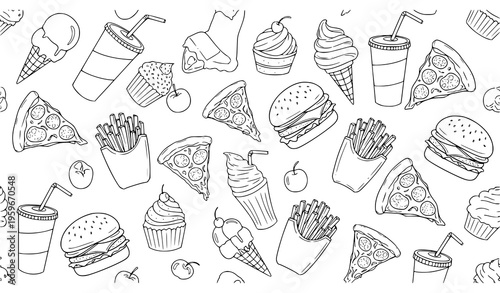 Fast food seamless pattern line art cuisine background vector illustration