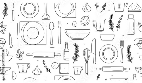 Minimal cuisine seamless pattern kitchen line art elements vector design