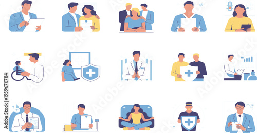 Medical health insurance services set, doctor consultation, patient care, disability support, and mental wellness vector