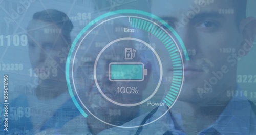 Animation of graphical electric car gauge indicator showing battery charging over caucasian doctors