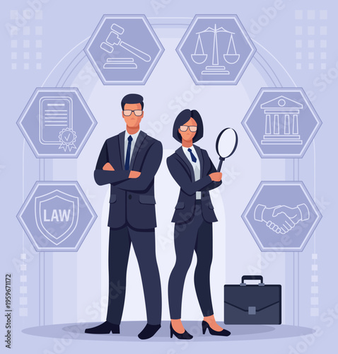 Vector illustration of legal services featuring lawyers (male and female) in a modern flat style. A team of lawyers with legal icons, a gavel, and scales for corporate law and consulting.