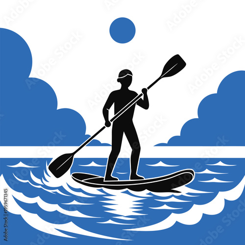 Silhouette of a person doing Stand-up Paddleboarding (SUP). isolated on White Background