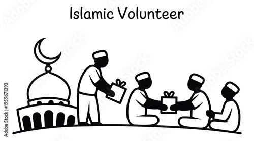 Islamic volunteer charity giving gifts near mosque community support vector illustration