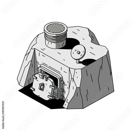 Isometric bunker illustration with a metal door and ventilation.