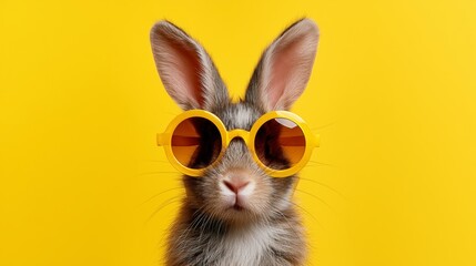 Rabbit wearing yellow sunglasses against a bright yellow background, showcasing its fluffy fur and large ears in a playful and whimsical manner