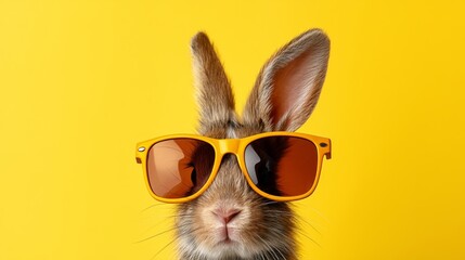 Rabbit wearing yellow sunglasses against a bright yellow background, showcasing a playful and whimsical appearance with large ears and soft fur texture
