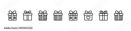Assortment of stylized gift box icons with distinct patterns and embellishments for gifting