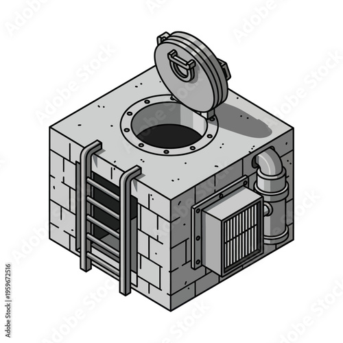 Isometric View of a Concrete Manhole Structure with Open Lid.