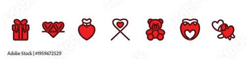 Teddy bear and heart locket icons set red colored line art for children and romantic gift concepts