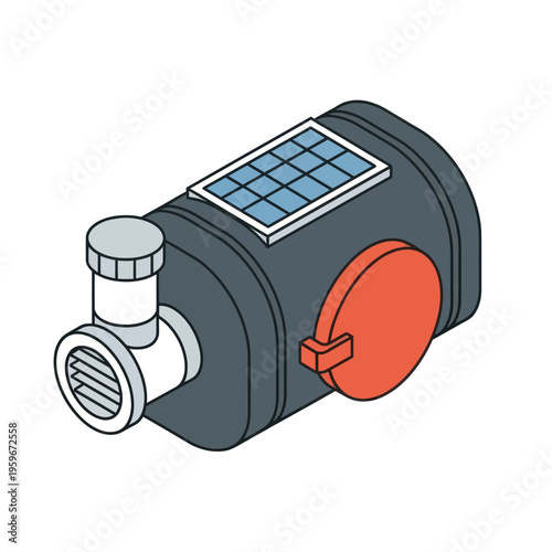 Isometric Septic Tank Illustration with Solar Panel and Access Door.