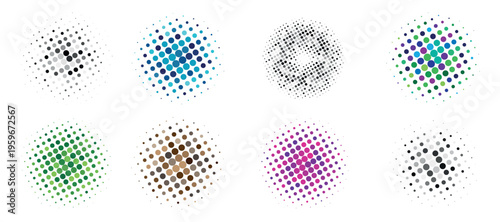 An arrangement of eight circular halftone dot patterns in varying colors creating a visually dynamic composition
