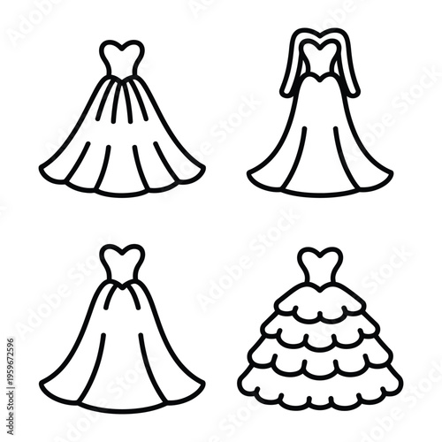 Wedding and formal gown icon set in line art style.