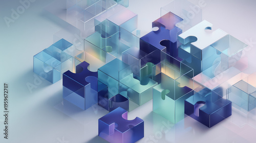 3d abstract business puzzle illustration with interconnected blue glass cubes, futuristic technology network with translucent jigsaw pieces, premium digital infrastructure and collaborative problem 