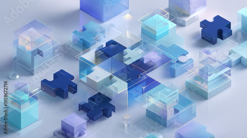 3d abstract business puzzle illustration with interconnected blue glass cubes, futuristic technology network with translucent jigsaw pieces, premium digital infrastructure and collaborative problem 