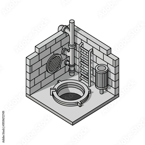 Isometric View of a Manhole Chamber with Ladder and Pipes.