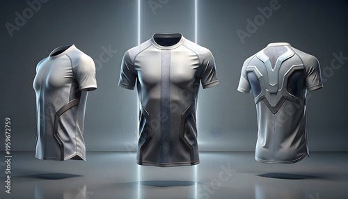 Advanced silver jersey with bold central panel, textured mesh inserts, angular side structures, layered armor style back, and high contrast paneling for futuristic performance look.