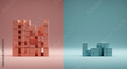 Comparing density using a packed volume of small blocks next to an empty, identical volume, symbolizing a density calculation blank, quantity, compactness, science