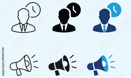 Business Man Icon Set: Time Management and Announcement Megaphone Graphics