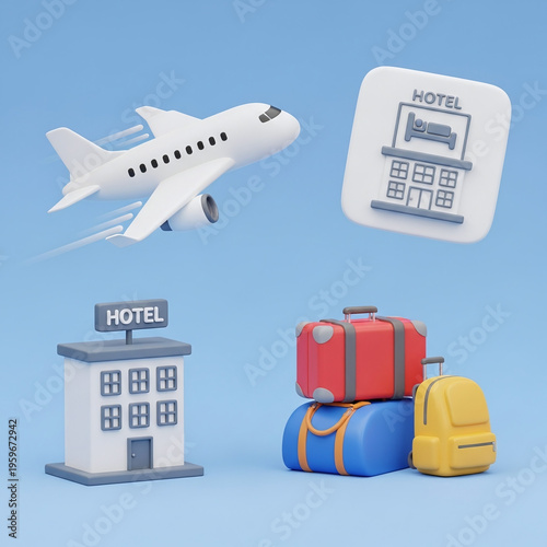 Wallpaper Mural 3d Travel Icons Airplane, Hotel Building, and Colorful Luggage Set Torontodigital.ca