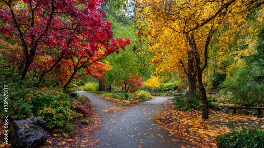 Obraz premium Serene Autumn Pathway Through Vibrant Colorful Trees and Foliage