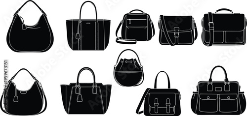 Black silhouette handbags set with diverse styles, tote, shoulder, satchel, crossbody, structured and rounded shapes, fashion design vector illustration collection