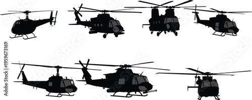 Black silhouette helicopters set with different models, rotor configurations, fuselage shapes, landing gear types, aviation design vector illustration collection