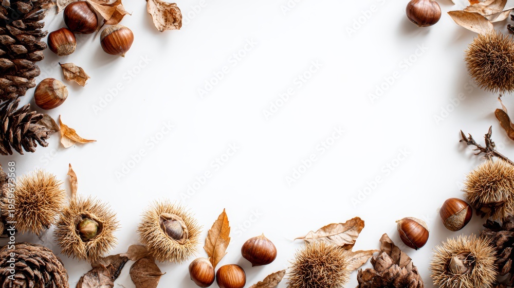 Obraz premium Natural Autumn Elements with Chestnuts and Pine Cones on White Background