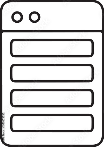 Minimal black server outline with four horizontal slots and ports