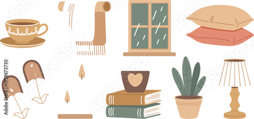 Bild auf Leinwand Cozy home interior design elements vector illustrations with warm beige and brow
