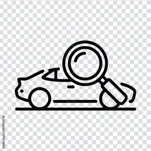Vector illustration a black line drawing of a car with a magnifying glass on top of it on a transparent background