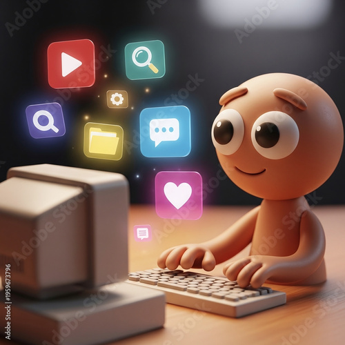 Wallpaper Mural Smiling Clay Character Using Old Computer with Glowing App Icons Torontodigital.ca