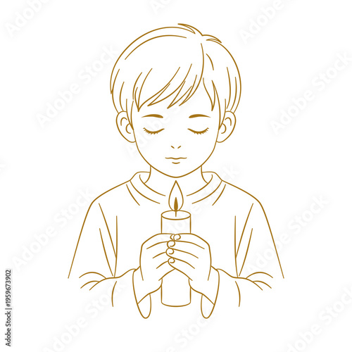 Chłopiec trzymający świecę z zamkniętymi oczami — elegancka ilustracja wektorowa. Dziecko w skupieniu i zadumie, trzymające w dłoniach zapaloną świecę.
