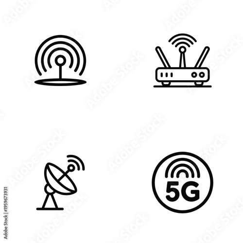 Wireless communication and 5G network icon set in line art style.