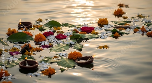 Floating marigold, jasmine, and rose petals with flickering diyas create a serene scene on water at sunset during a traditional festival