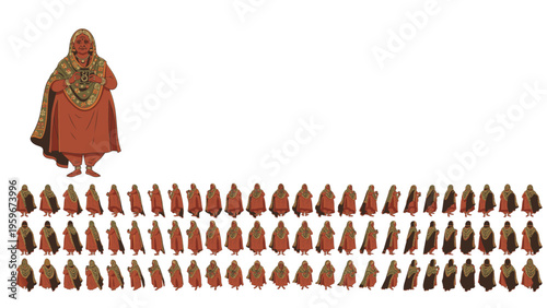 A detailed character sprite sheet featuring a woman wearing a traditional rust-colored salwar kameez and an embroidered dupatta. The illustration showcases multiple small figures in various poses