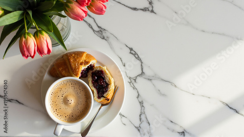 Wallpaper Mural Morning Coffee and Croissant with Tulips on Marble Torontodigital.ca