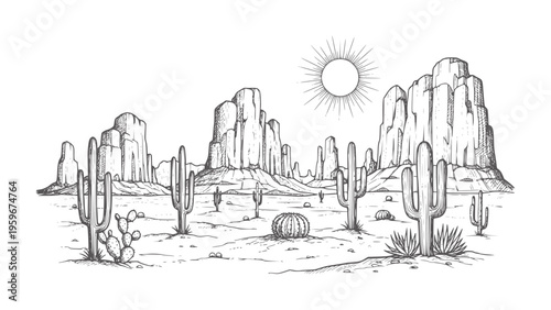 Hand drawn desert landscape with saguaro cacti and rock formations under a sun cactus