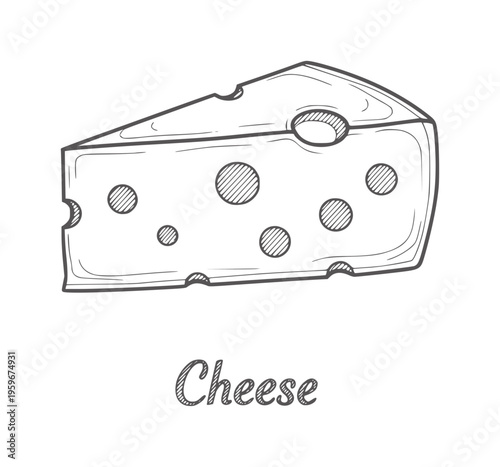Hand drawn wedge of swiss cheese with holes and text food dairy
