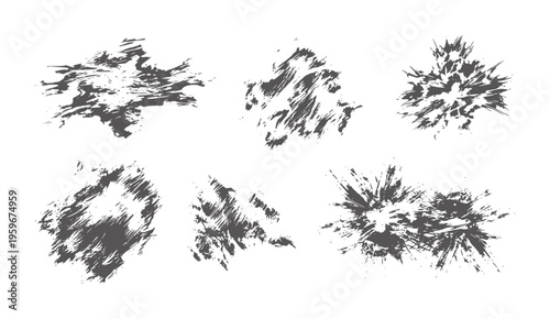 Six dark grey abstract paint splatters white