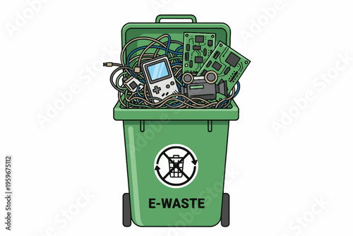E-waste recycling bin with discarded electronics and wires