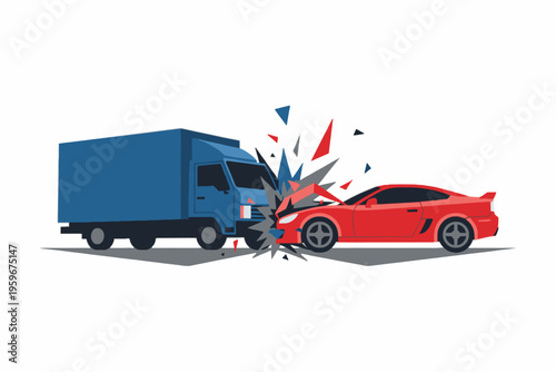 Vehicle collision between blue delivery truck and red car vector