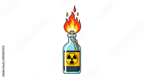 Radioactive molotov cocktail glass bottle with fire isolated
