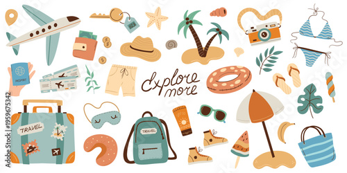 Set of travel objects isolated on white. Travel concept. Hand drawn flat cartoon elements.