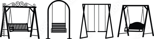 Outdoor swing set collection, playground seating, garden bench swings, toddler safety swing, decorative metal frame, park furniture, family recreation