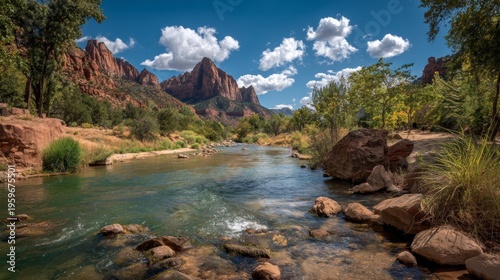 Serene River Landscape with Mountains and Blue Sky in Nature Scene