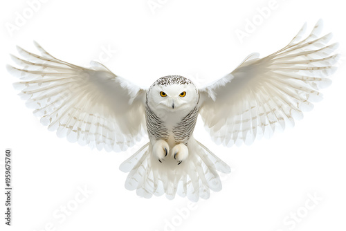 A snowy owl in flight with its wings spread wide and eyes fixed forward