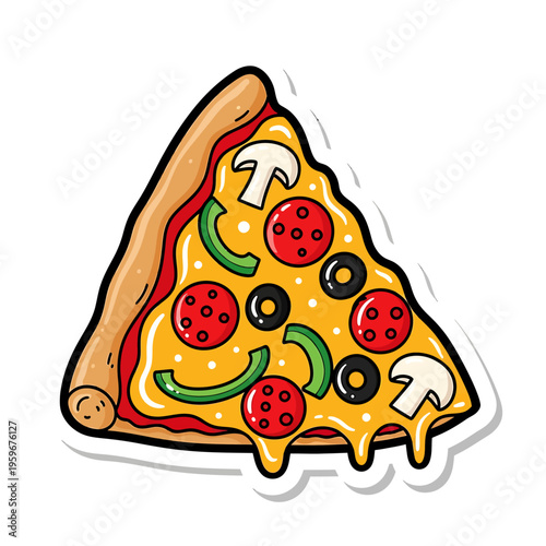 Delicious slice of pizza with melted cheese and various toppings