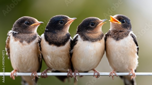 Four young swallows perched on a wire, displaying distinct plumage patterns and colors, with a blurred green background suggesting a natural outdoor setting
